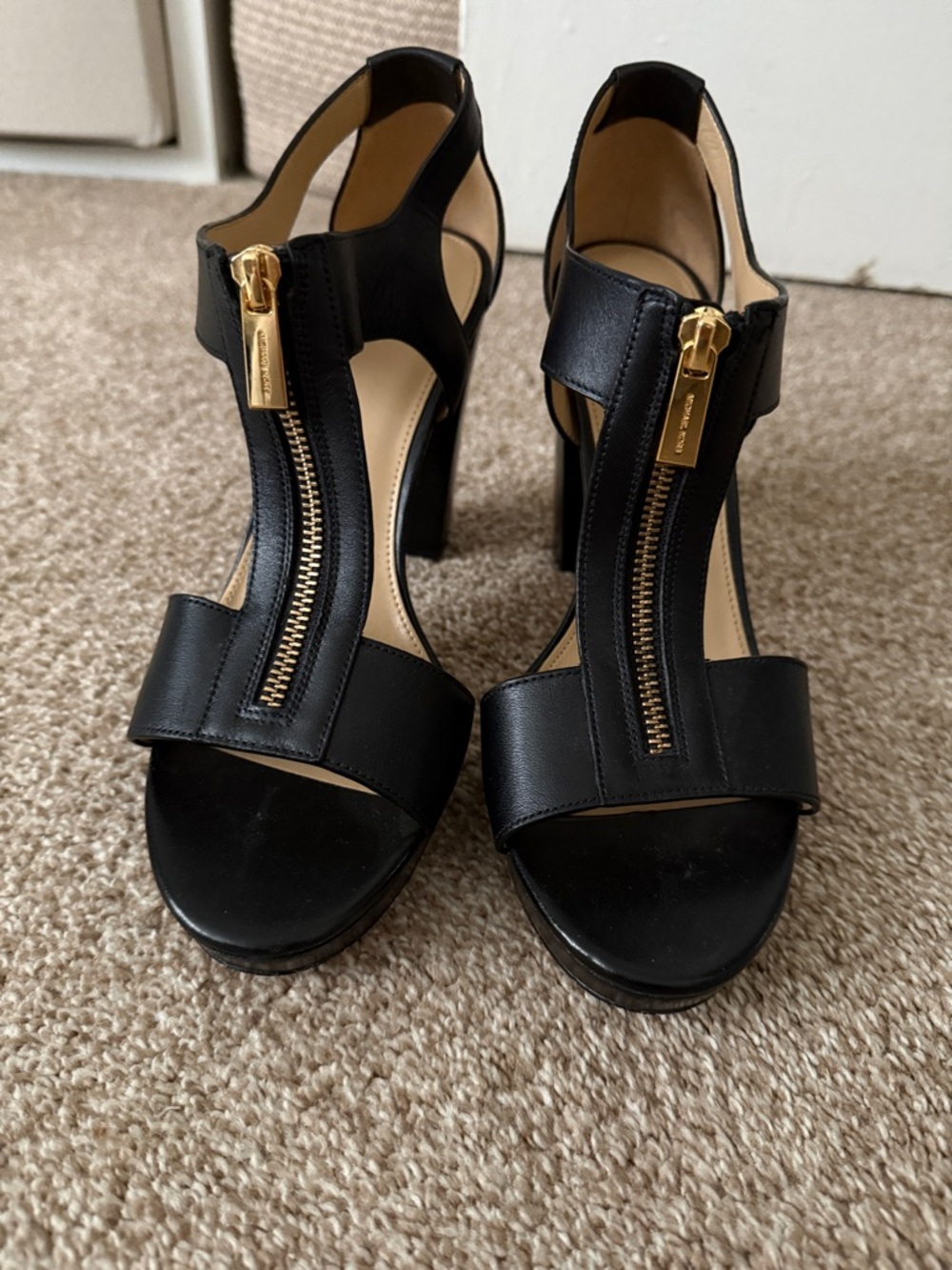 Michael Kors Black Leather Zip-Front High Heel Sandals with Gold Hardware